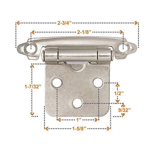 DecoBasics Cabinet Hinges Brushed Nickel for Kitchen Cabinets Doors (1 Pair -2 Pcs) -1/2" Overlay (Variable) -Self Closing Kitchen Cabinet Hinges Flush Mount w/Silicon Bumpers & Hardware Screws - Image 4