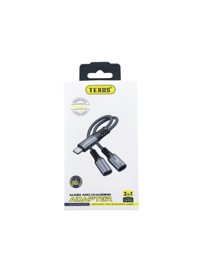 Texos TX-C21 2-in-1 Audio and Charging Adapter 60W Fast Charging Type C-Type C Connection