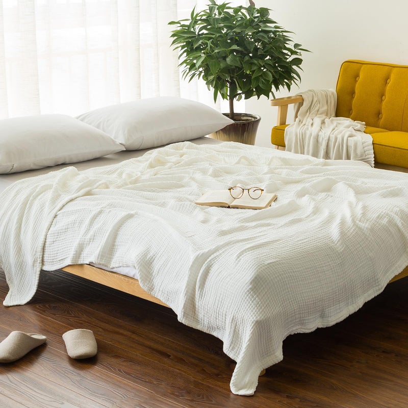 EMME Cotton Blanket Queen Size for Bed Soft Large Muslin Bed Bedspread 90"x90" Lightweight Breathable White Blanket All Season Gauze, White - Image 5