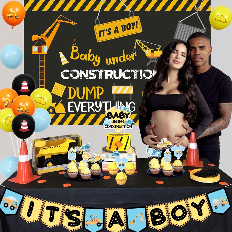 Balterever Baby Shower Decorations for Boys - It's a Boy Banner, Dump Truck Cake Toppers, Cupcake Toppers, Backdrop for Under Construction Theme Party - Image 3