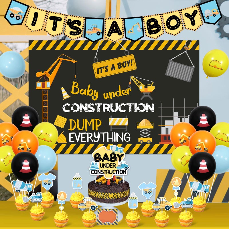 Balterever Baby Shower Decorations for Boys - It's a Boy Banner, Dump Truck Cake Toppers, Cupcake Toppers, Backdrop for Under Construction Theme Party - Image 2