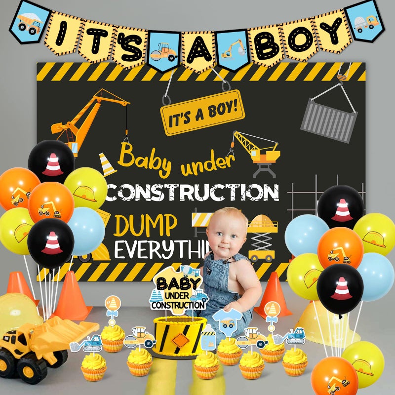 Balterever Baby Shower Decorations for Boys - It's a Boy Banner, Dump Truck Cake Toppers, Cupcake Toppers, Backdrop for Under Construction Theme Party - Image 4