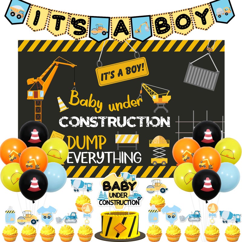 Balterever Baby Shower Decorations for Boys - It's a Boy Banner, Dump Truck Cake Toppers, Cupcake Toppers, Backdrop for Under Construction Theme Party - Image 1
