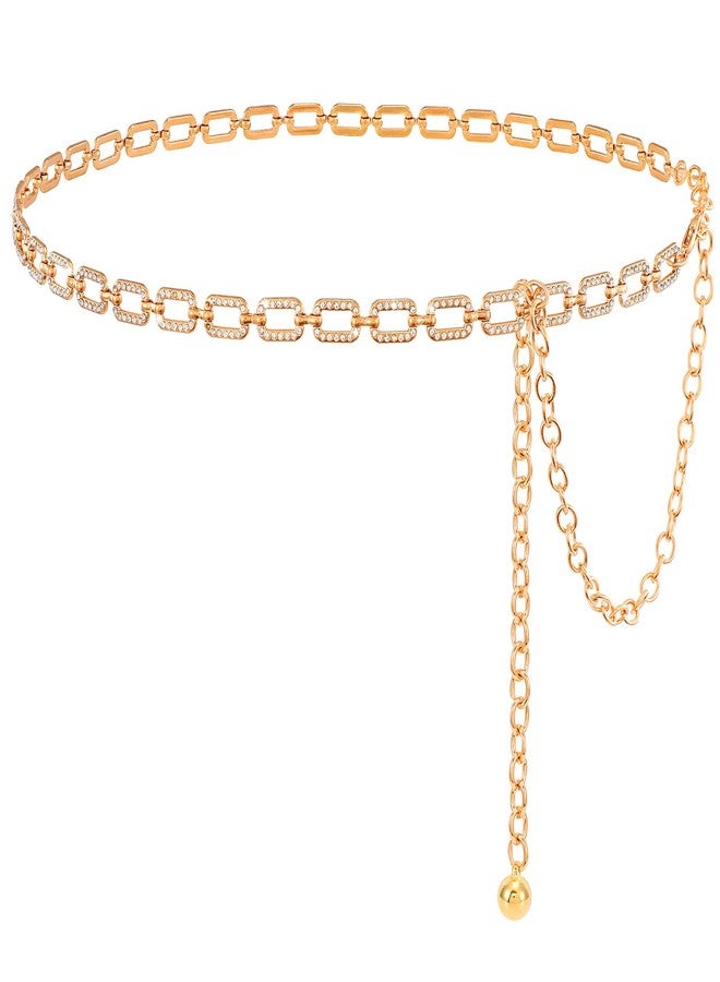 ويبي أحزمة سلسلة نسائية من WHIPPY، مزينة بأحجار الراين الذهبية اللامعة، مناسبة للفساتين، سلسلة خصر معدنية، مستطيلة ذهبية اللون، مقاس L - Image 1