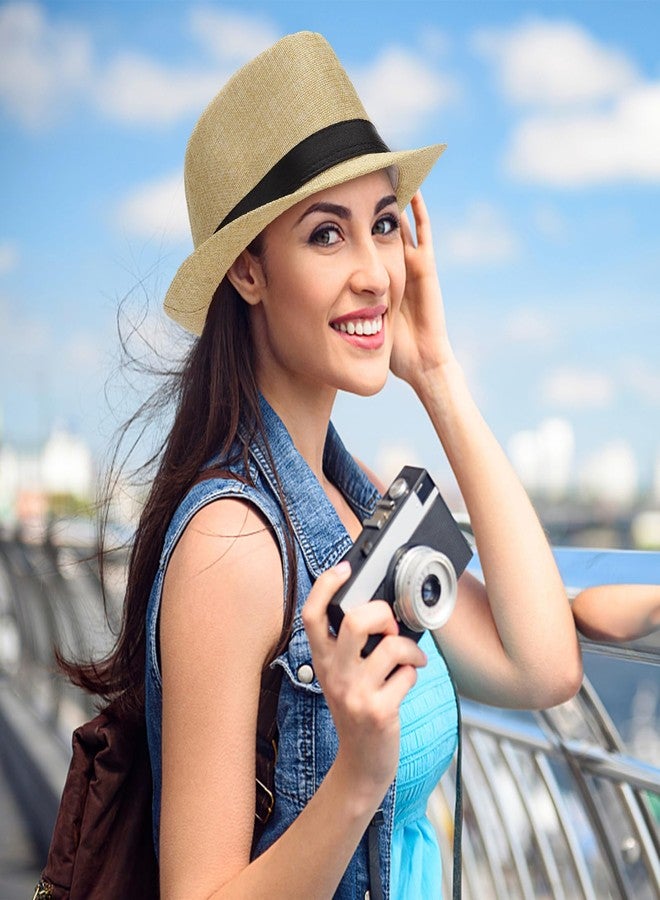 Ultrafun مجموعة ألترافن من 5 قبعات فيدورا قصيرة الحواف، قبعة شمسية صيفية كلاسيكية للشاطئ، قبعة بنما للرجال والنساء، لون بيج، مقاس كبير - Image 5