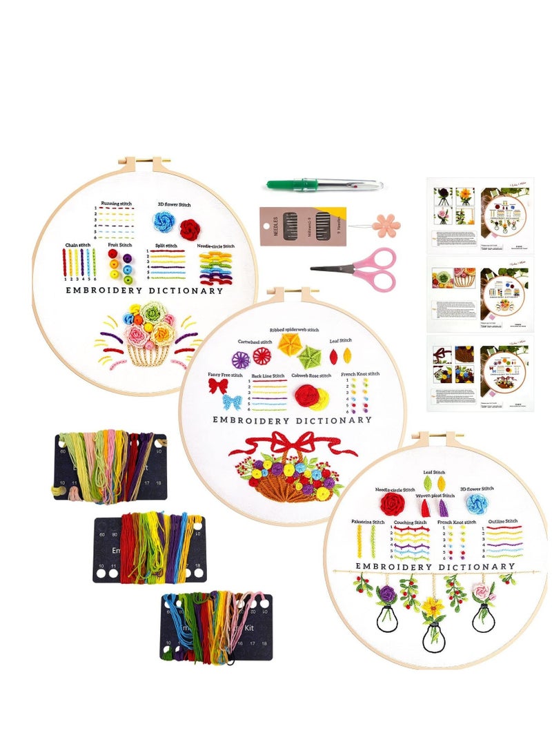 Embroidery Stitch Practice Kit, 3 Pack Embroidery Kit for Beginners with Flowers Plants Pattern Embroidery Starter Kit with Instructions Embroidery Hoop Threads and Tools for Adults Kids  - Image 1