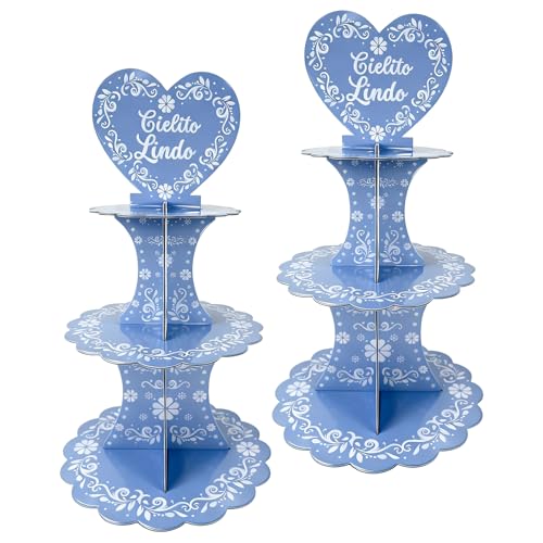 Stuffygreenus 2 Pcs Cielito Lindo Party Decorations Blue Mexican Terracotta Cupcake Stand 3 Tier Mexican Papel Picado Cupcake Dessert Tower Holder for Cinco De Mayo Wedding Baby Shower Birthday Fiesta Table Decor - Image 1