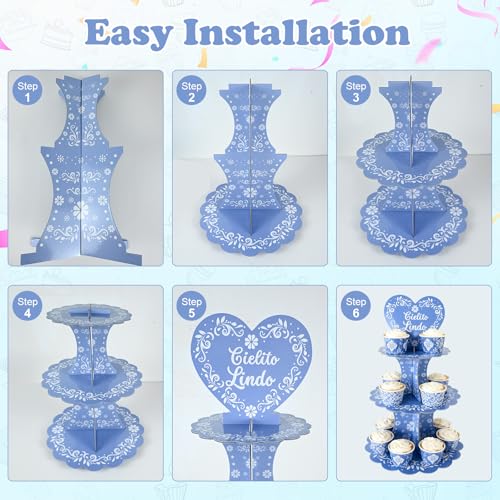 Stuffygreenus 2 Pcs Cielito Lindo Party Decorations Blue Mexican Terracotta Cupcake Stand 3 Tier Mexican Papel Picado Cupcake Dessert Tower Holder for Cinco De Mayo Wedding Baby Shower Birthday Fiesta Table Decor - Image 3
