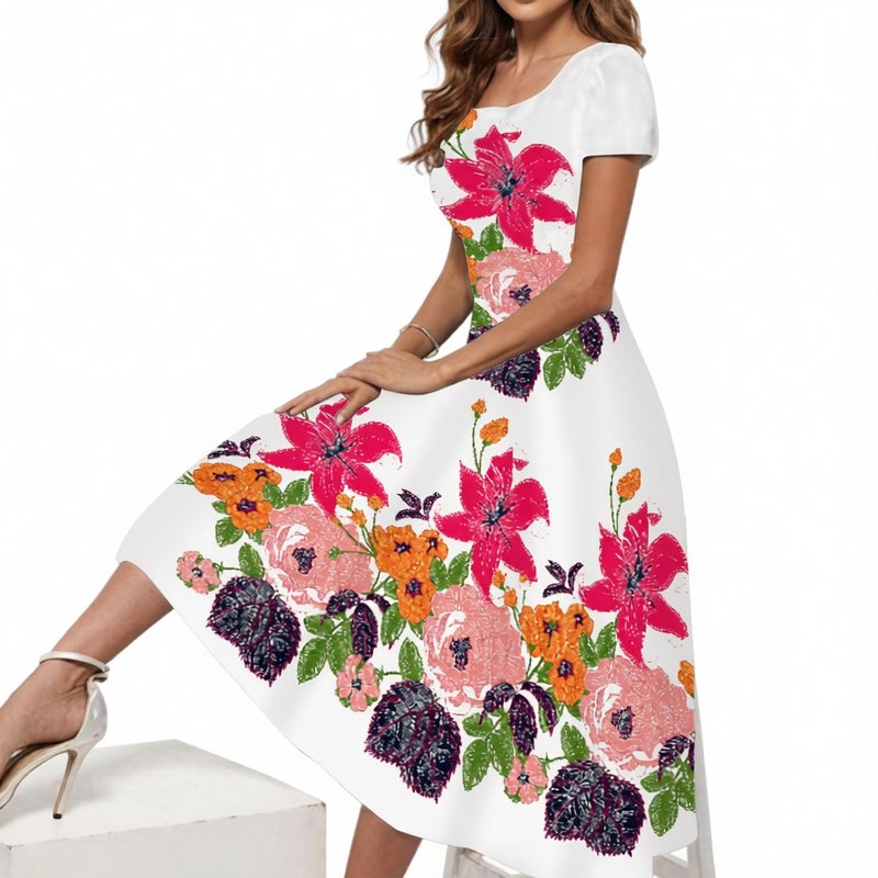Plus Size Short Sleeve Printed Maxi Dress with Square Neckline - Image 3