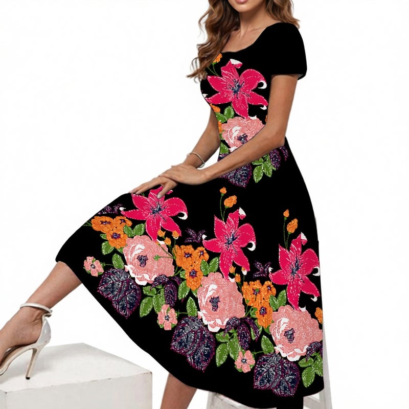 Plus Size Short Sleeve Printed Maxi Dress with Square Neckline - Image 1