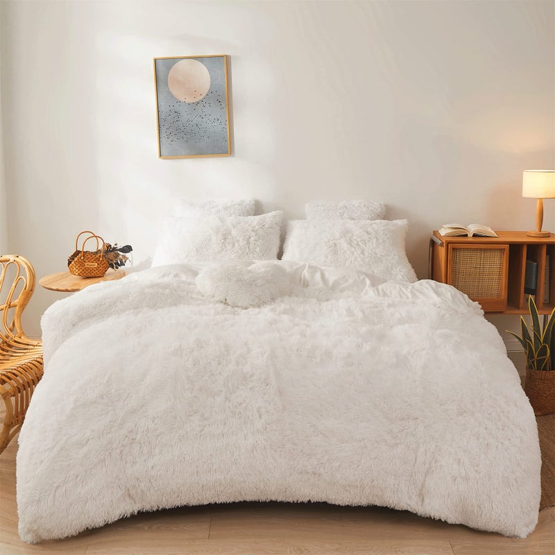 FOPPA Luxury Faux Fur Comforter Cover Set Ultra Soft Plush Bedding Sets 3 Pieces 1 Faux Fur Duvet Cover  2 Faux Fur Pillow case Zipper White Queen