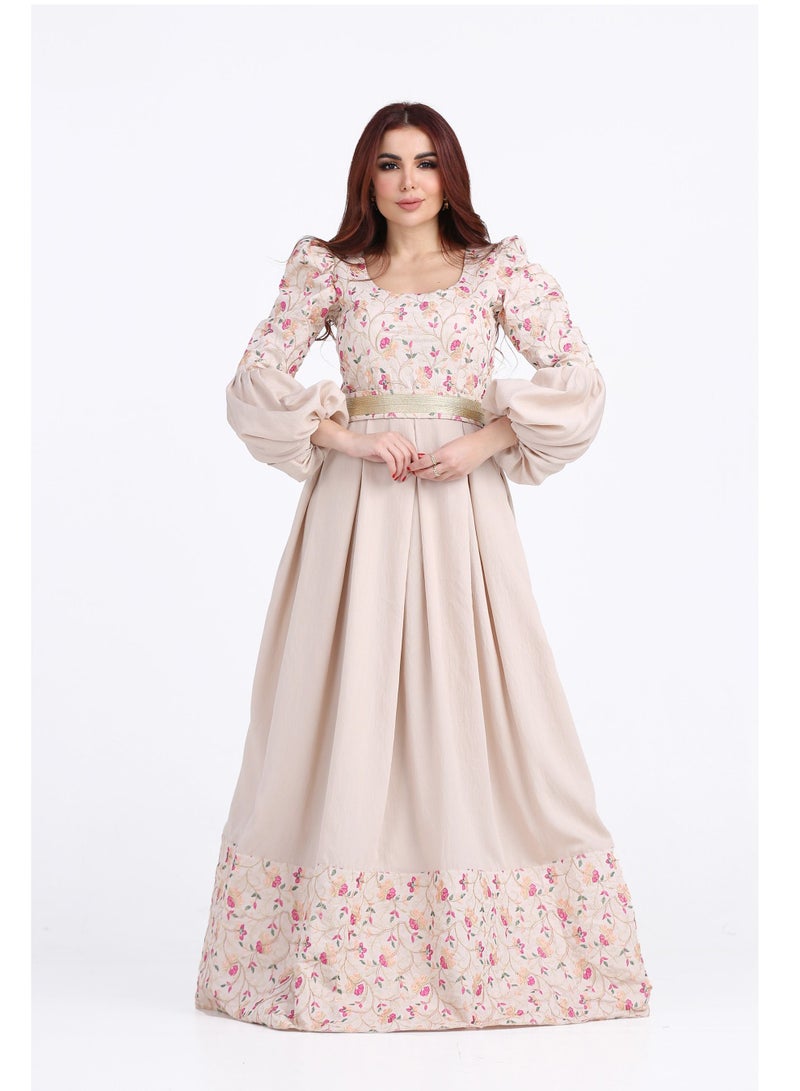 Modern Design A women's galabiya with long sleeves, embroidered with luxurious flowers, and distinguished by an elegant golden belt at the waist  - Image 1