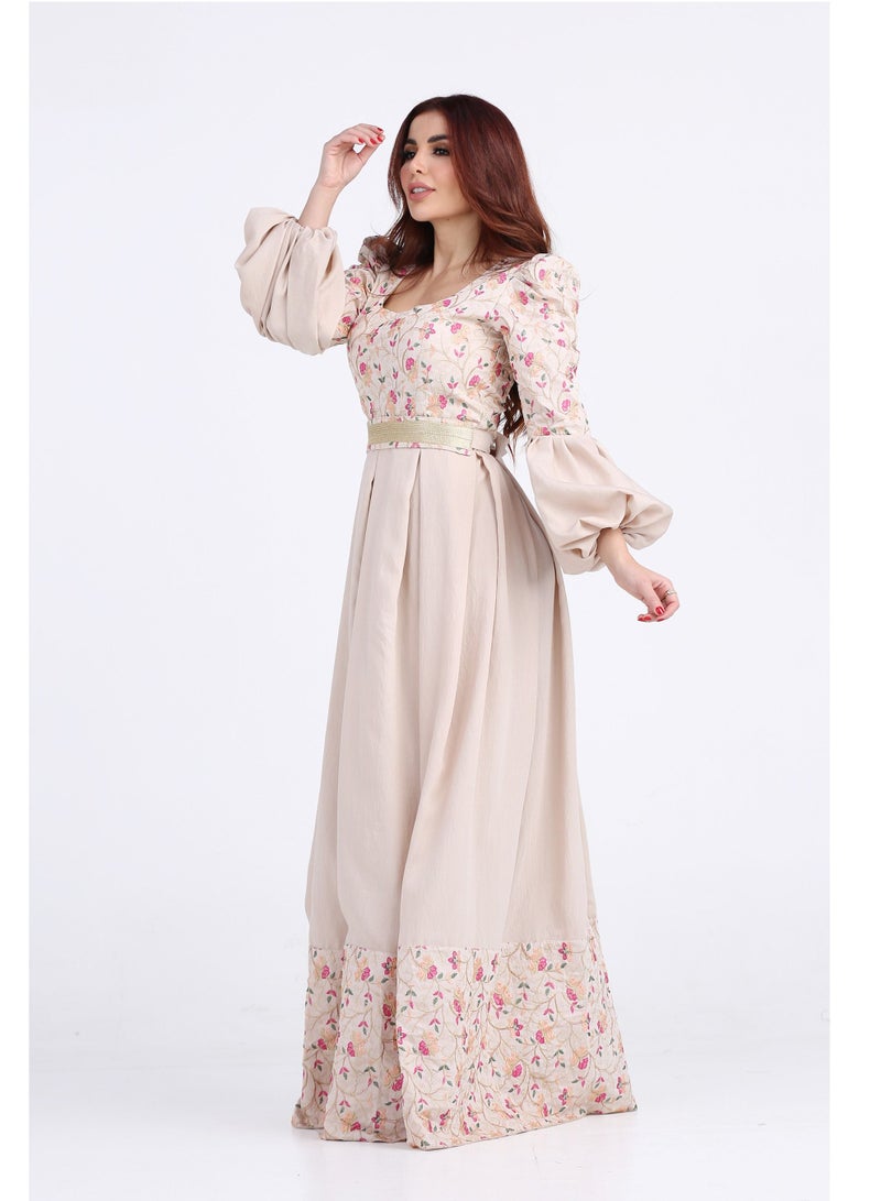 Modern Design A women's galabiya with long sleeves, embroidered with luxurious flowers, and distinguished by an elegant golden belt at the waist  - Image 2