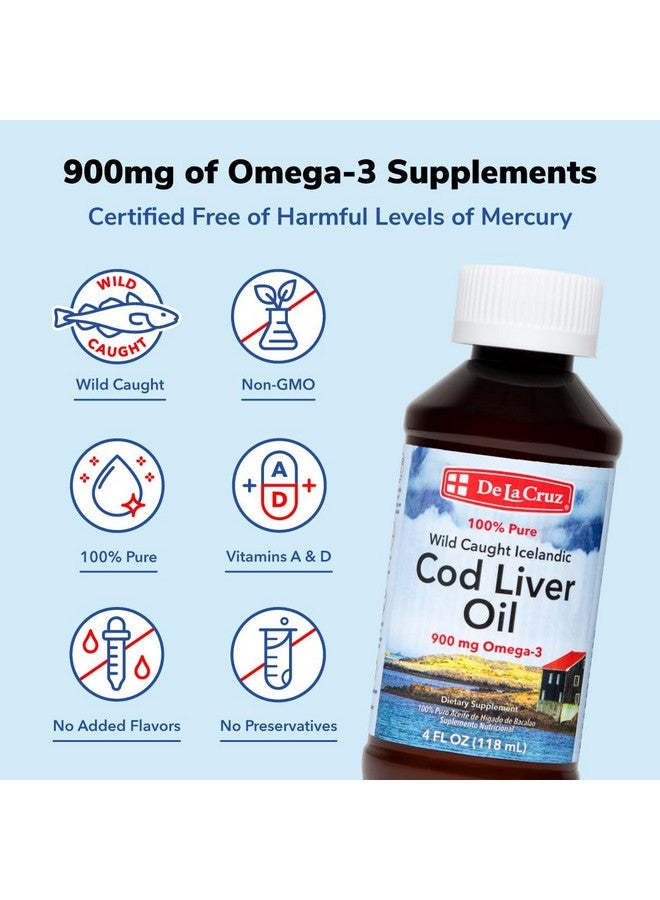 De La Cruz زيت كبد السمك من دي لا كروز - زيت سمك آيسلندي بري نقي 4 أونصة سائلة (118 مل) - Image 3