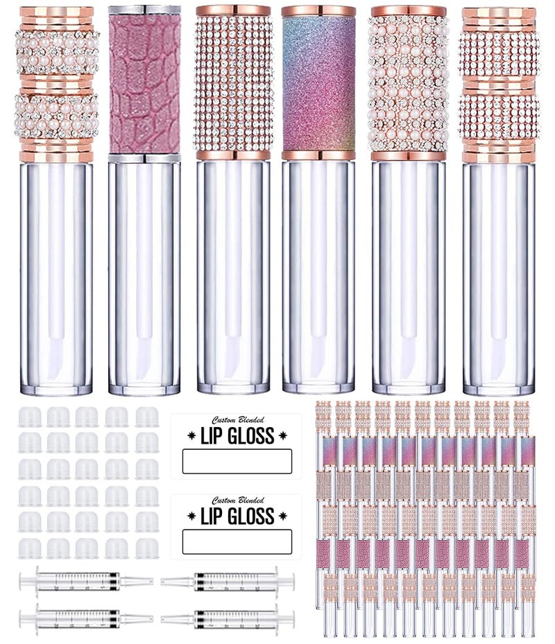 AMORIX 72pcs 5ml Diamond Lip Gloss Tubes with Wand Lipgloss Tubes Bulk Empty Rhinestone Lip Gloss Containers Bottles Crystal Lip Gloss Supplies Kit 4 x Syringes  Labels for DIY Lip Gloss Base