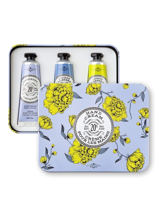 La Chatelaine Hand Cream Lavender Trio Gift Tin | Graduation Present | Teacher Gift | Ready-To-Gift Decorative Tin | Set of 3 x 1 fl. oz | Plant-Based | Made in France | 20% Organic Shea Butter & Arga - Image 1