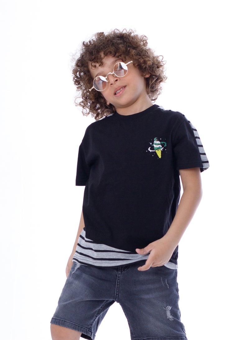 بيبو_تيشرت خطوط 1/2 كم_أسود - Image 1