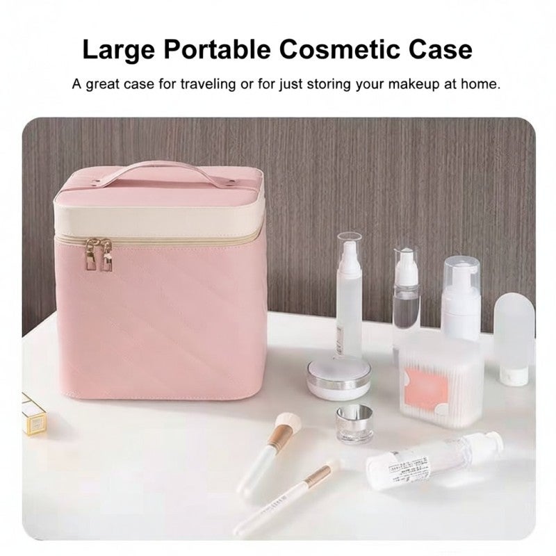 حقيبة مكياج للسفر 27 × 17.5 × 26.5 سم وردية من الجلد الصناعي مقاومة للماء والصدمات - صينية قابلة للتمديد بطابقين وقاع واسع منظم تخزين مكياج احترافي للسفر والمنزل - Image 3