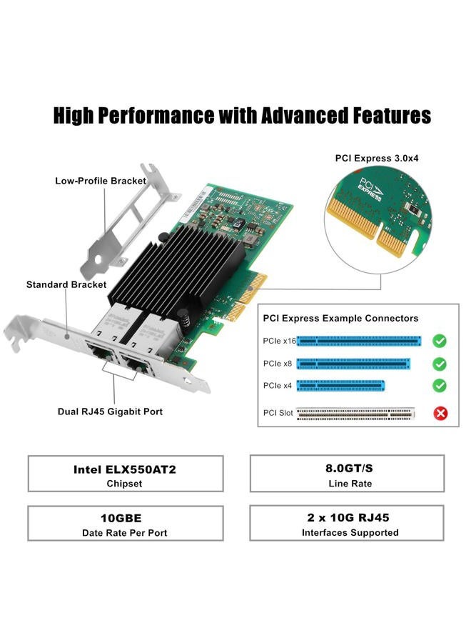 Vogzone 10Gb PCI-E NIC Network Card for Intel X550-T2,2.5GbE/5GbE/10GbE Copper Dual RJ45 Ports,with Intel ELX550AT2 Chip,10GbE PCI Express 3.0 X4 Ethernet Adapter Support Windows/Linux/VMware - Image 2