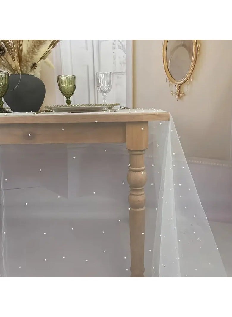 Goolsky - Artificial Pearl Decor Table Banner, White Pearl Tulle Table Runner Wedding Decoration, Extra Long Table Runner For Wedding Arch Reception Bride Gift, Table Decoration - Image 1