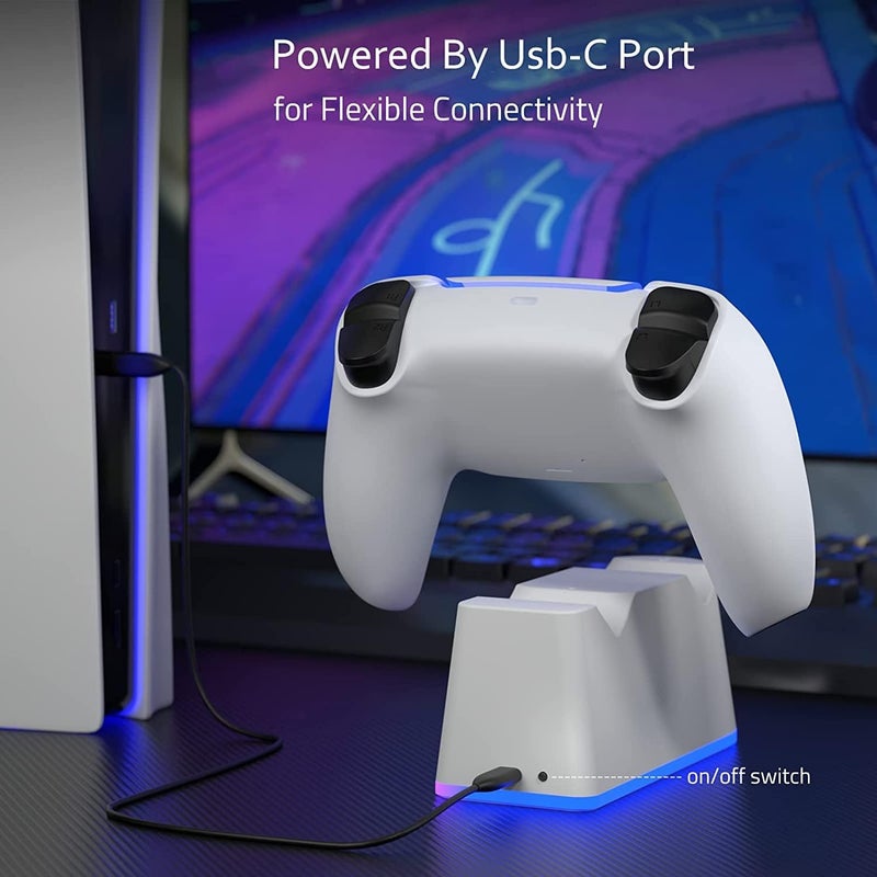أنيوي محطة شحن لوحدة تحكم PS5 مع إضاءة RGB، مناسبة لأي نوع، منصة شحن سريعة لوحدة تحكم PlayStation 5، مؤشر LED، كابل USB-C، تصميم سهل الاستخدام، حماية ذكية وآمنة لوحدة تحكم PS5 - Image 4