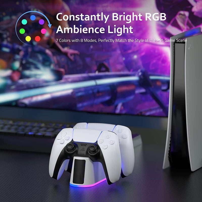 أنيوي محطة شحن لوحدة تحكم PS5 مع إضاءة RGB، مناسبة لأي نوع، منصة شحن سريعة لوحدة تحكم PlayStation 5، مؤشر LED، كابل USB-C، تصميم سهل الاستخدام، حماية ذكية وآمنة لوحدة تحكم PS5 - Image 3