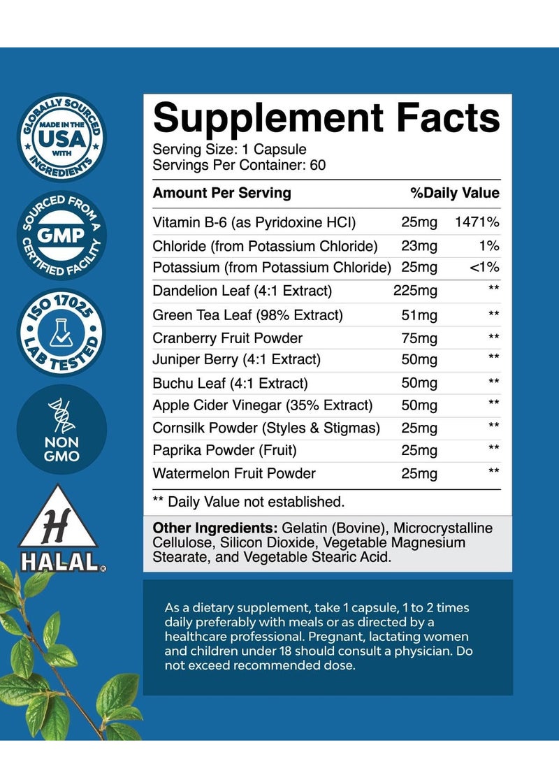 Nature's Craft - Water Away Pills Vitamin B6 Potassium & Dandelion Root Extract 60 Capsules 2 months supply - Image 1
