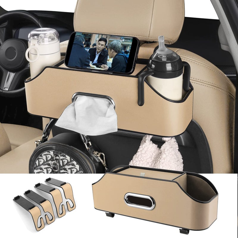 HOLDCY Car Back Seat Organizer with 2 Drink Cup Holder Tissue Box and Storage Box Hook Multifunctional Storage Great for Kids and Travel Beige