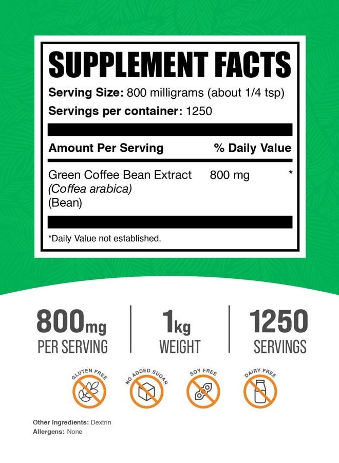 BulkSupplements .com Green Coffee Bean Extract Powder - Green Coffee Bean Supplements, Green Coffee Bean Powder - Energy Support, Gluten Free, 800mg per Serving, 1kg (2.2 lbs) (Pack of 1) - Image 2
