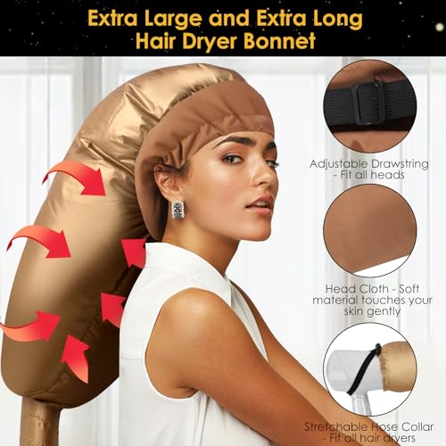 TEPENAR Hair Dryer Bonnet Attachment: Upgraded Extra Large Hooded Dryer Adjustable Hair Dryer Caps - Easy to Use for Natural Curly Textured Hair Care Styling Fast Drying - Gold - Image 2