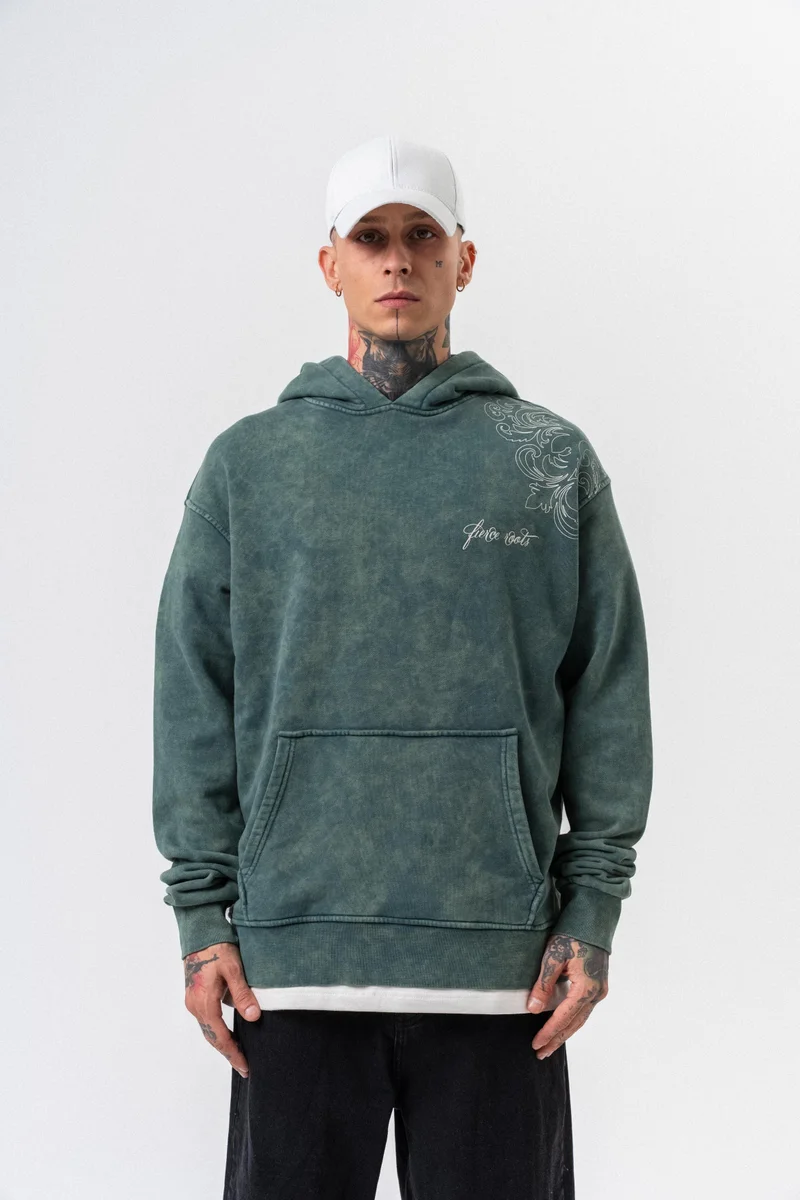 RESPIRE Men's Fierce Printed Washed Hooded Oversize Hoodie Green