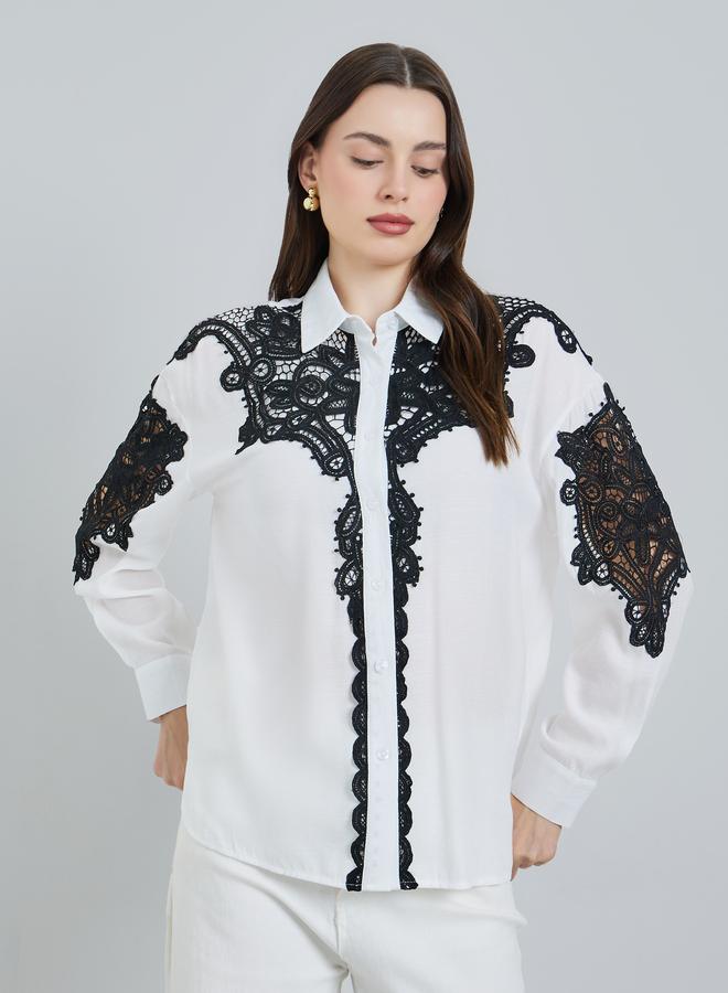 Styli Women White Lace Trim Shirt - Image 1