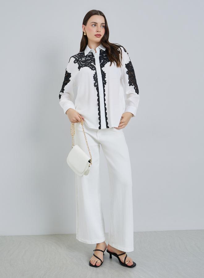 Styli Women White Lace Trim Shirt - Image 2