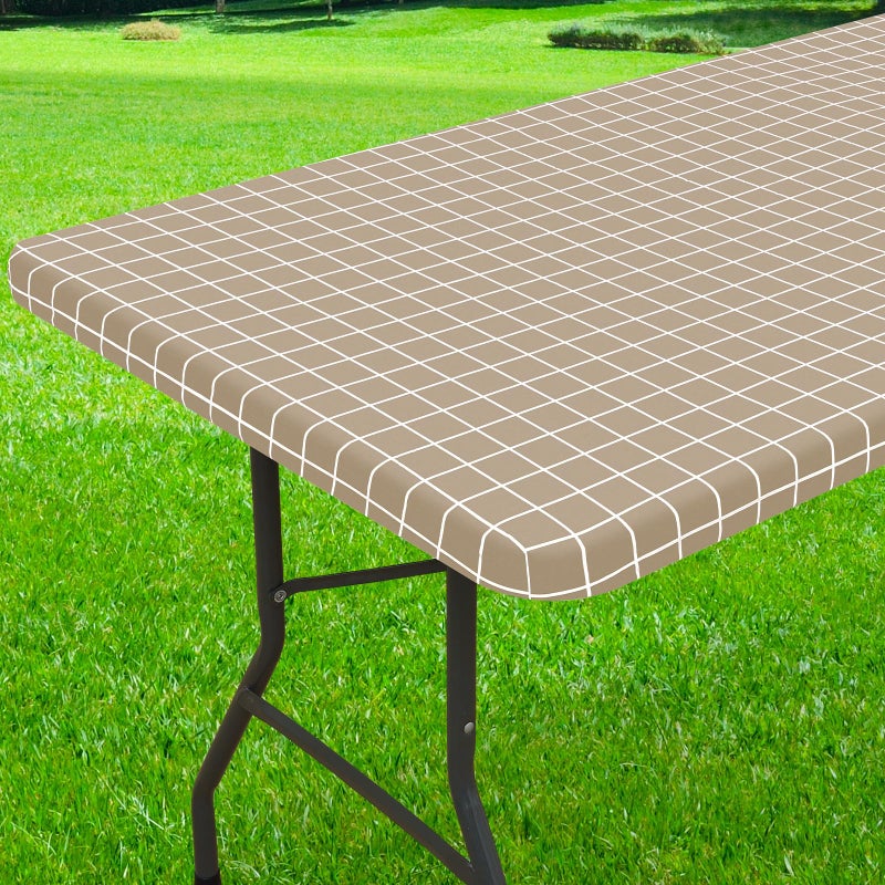 Spotjoy Rectangle Vinyl Table Cloth 30x72 Waterproof Elastic Fitted Tablecloth with Flannel Backing Plastic Table Cover for Picnic Camping Outdoor Khaki