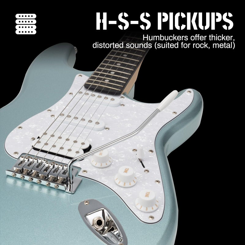 AODSK Electric Guitar, 39" Beginner Electric Guitar Kit, Matte Finish, HSS Pickups, Guitar Starter Kit with AMP, Includes Digital Tuner, Strings, Pick, Vibrato Bar, Capo, Strap, Gig Bag, Blue - Image 4