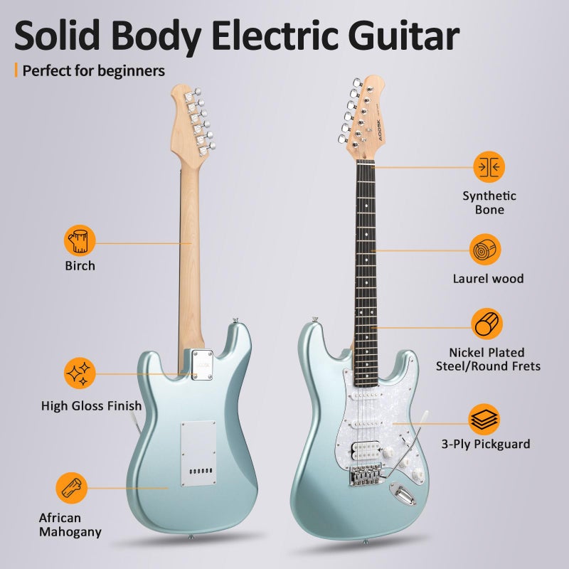 AODSK Electric Guitar, 39" Beginner Electric Guitar Kit, Matte Finish, HSS Pickups, Guitar Starter Kit with AMP, Includes Digital Tuner, Strings, Pick, Vibrato Bar, Capo, Strap, Gig Bag, Blue - Image 3