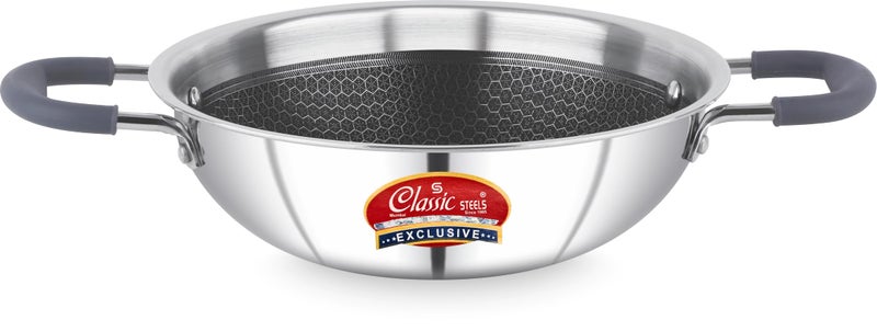 Classic Steels Hexa Comb Triply Kadai Without Lid - 1 LTR (18cm) | Non-Stick Stainless Steel Kadhai for Cooking | Induction & Gas Compatible | 2.5mm Thickness | Durable Stay Cool Silicon Handle - Image 1