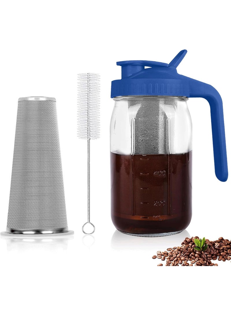 Cold Brew Coffee Maker,32 oz Mason Jar Pitcher with Stainless Steel Filter, Pour Spout Handle Lid, Heavy Duty Glass Airtight & Leak-Proof Pitcher for iced coffee Tea Lemonade-Blue - Image 1