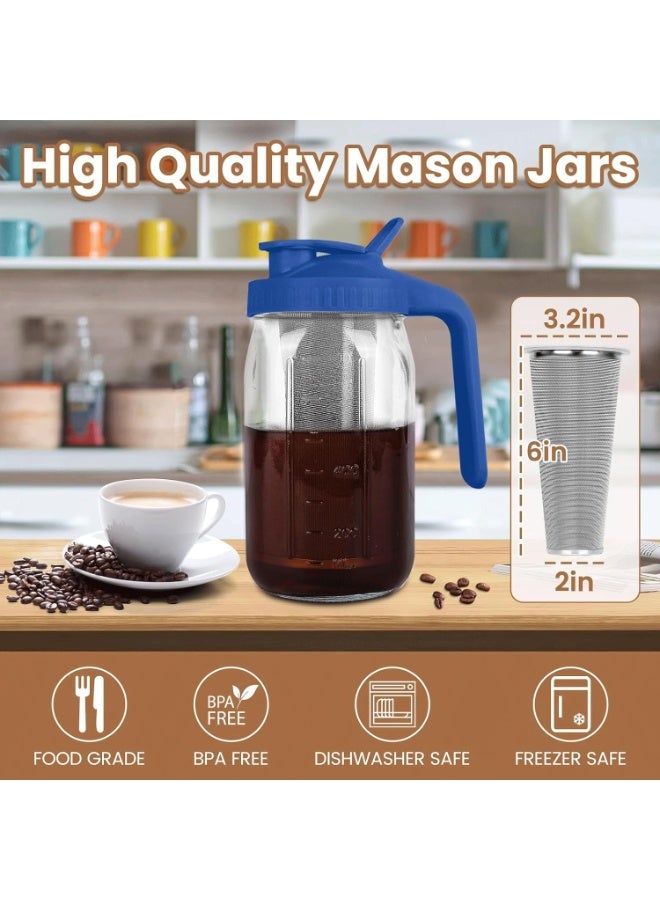 Cold Brew Coffee Maker,32 oz Mason Jar Pitcher with Stainless Steel Filter, Pour Spout Handle Lid, Heavy Duty Glass Airtight & Leak-Proof Pitcher for iced coffee Tea Lemonade-Blue - Image 2