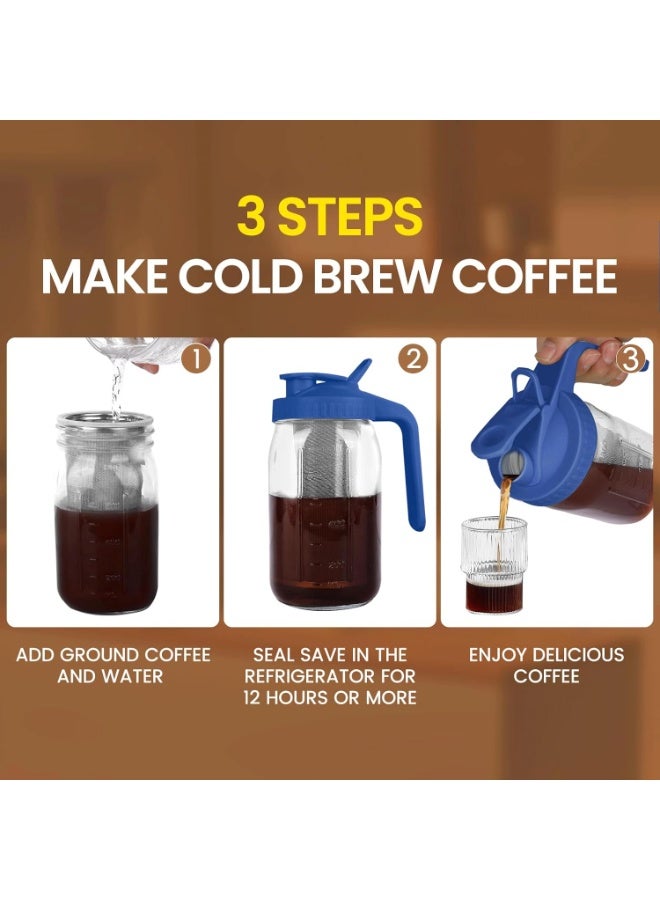 Cold Brew Coffee Maker,32 oz Mason Jar Pitcher with Stainless Steel Filter, Pour Spout Handle Lid, Heavy Duty Glass Airtight & Leak-Proof Pitcher for iced coffee Tea Lemonade-Blue - Image 4