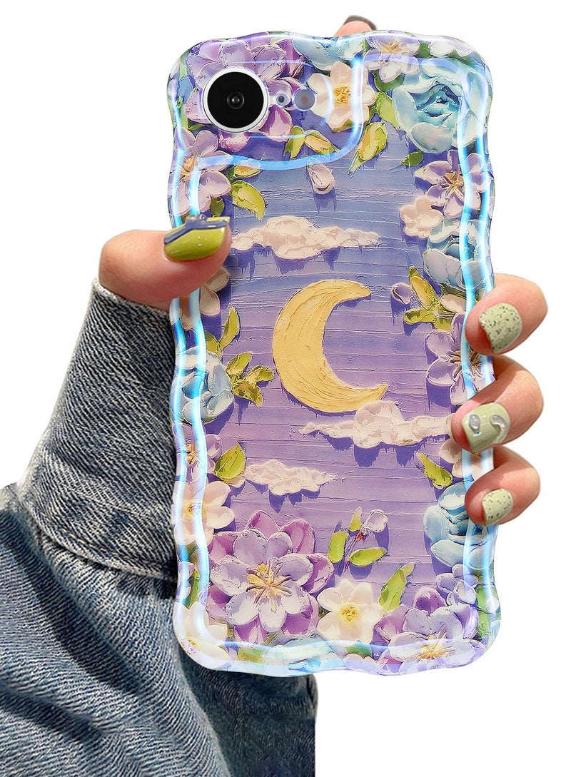 EYZUTAK Case for iPhone 16e, Colorful Retro Oil Painting Flower Moon Pattern Laser Cute Curly Wave Edge Exquisite Phone Cover Stylish Durable TPU Protective Case for Girls Women - Purple White - Image 1