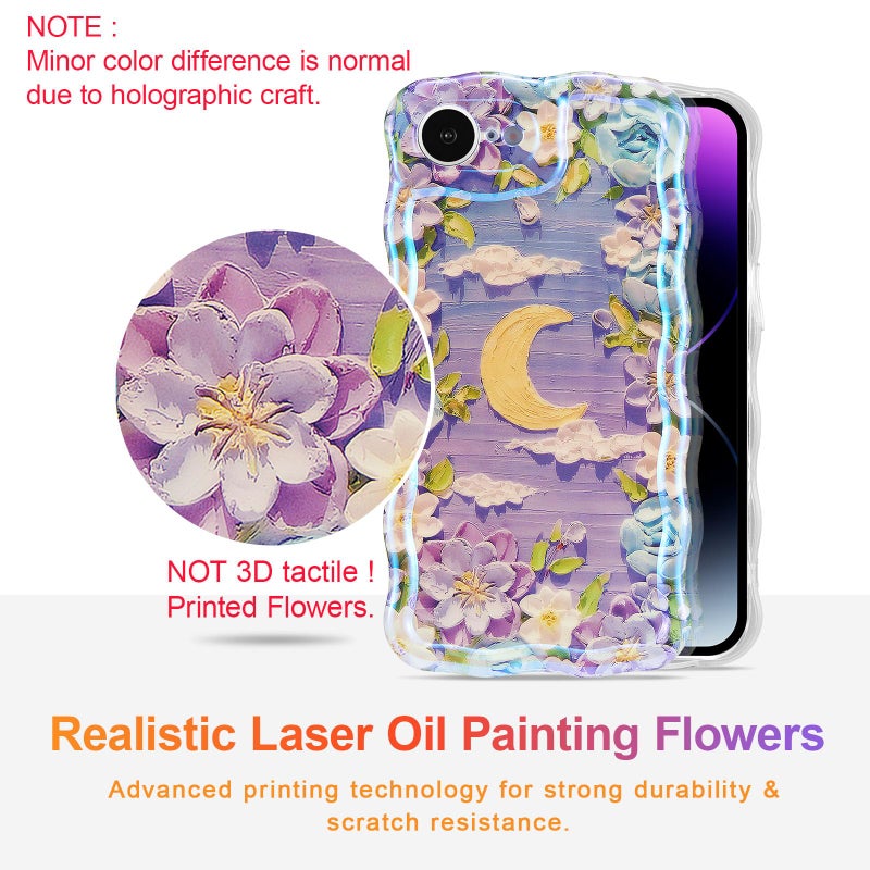 EYZUTAK Case for iPhone 16e, Colorful Retro Oil Painting Flower Moon Pattern Laser Cute Curly Wave Edge Exquisite Phone Cover Stylish Durable TPU Protective Case for Girls Women - Purple White - Image 2