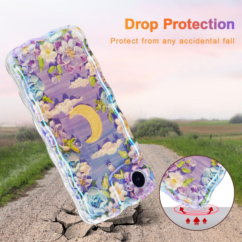 EYZUTAK Case for iPhone 16e, Colorful Retro Oil Painting Flower Moon Pattern Laser Cute Curly Wave Edge Exquisite Phone Cover Stylish Durable TPU Protective Case for Girls Women - Purple White - Image 3