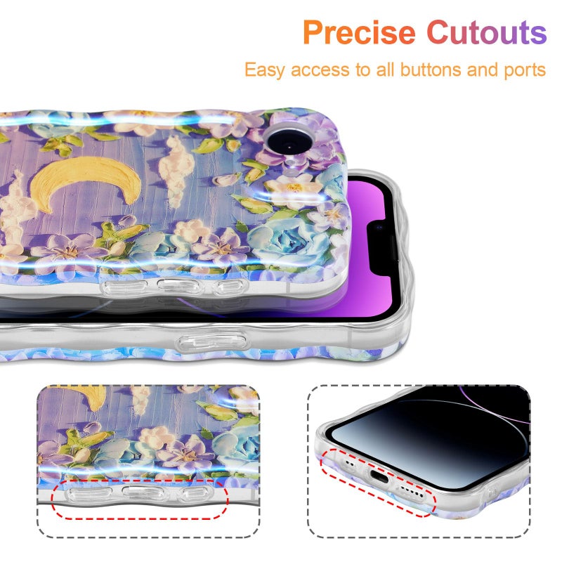 EYZUTAK Case for iPhone 16e, Colorful Retro Oil Painting Flower Moon Pattern Laser Cute Curly Wave Edge Exquisite Phone Cover Stylish Durable TPU Protective Case for Girls Women - Purple White - Image 5