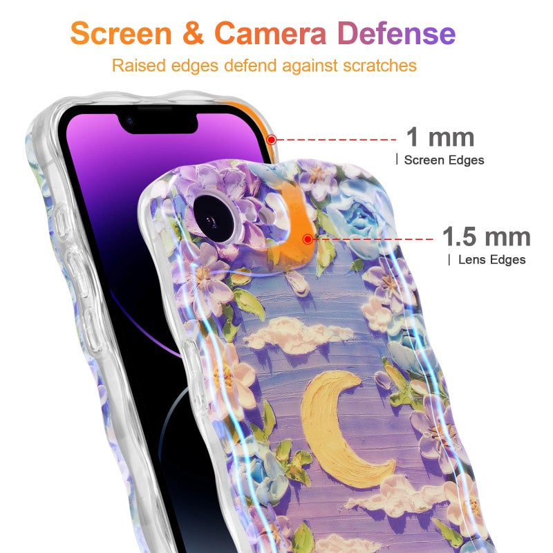 EYZUTAK Case for iPhone 16e, Colorful Retro Oil Painting Flower Moon Pattern Laser Cute Curly Wave Edge Exquisite Phone Cover Stylish Durable TPU Protective Case for Girls Women - Purple White - Image 4