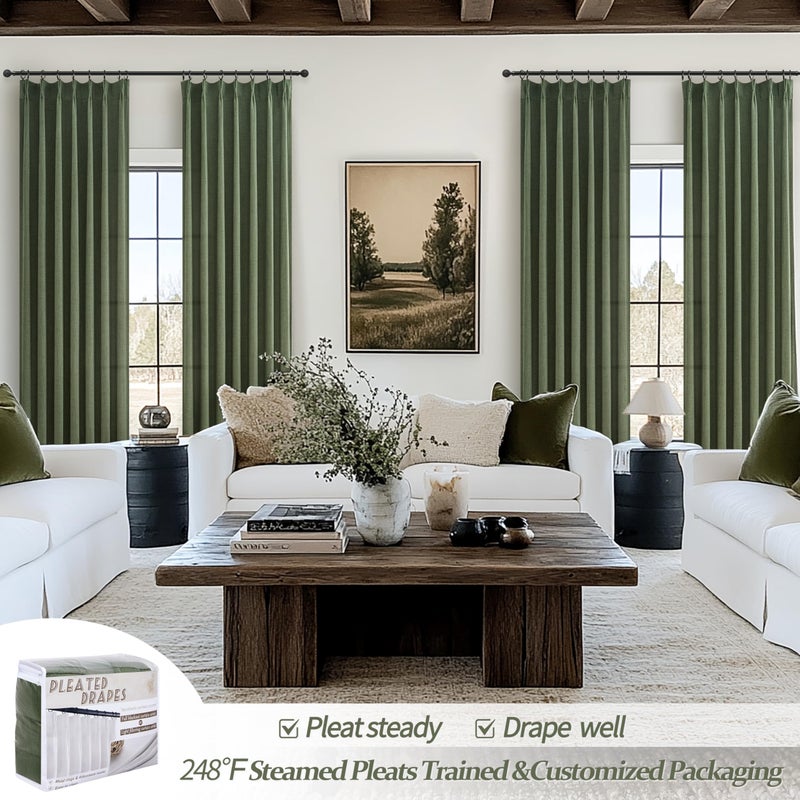 PleatedDrapes Dark Olive Green Pleat Memory Shape Linen Curtains 84 Inch Length 2 Panels for Living Room, Cottagecore Farmhouse Loden Light Filtering Moss Office at Home Sheer Curtains 40"x84" Long - Image 5