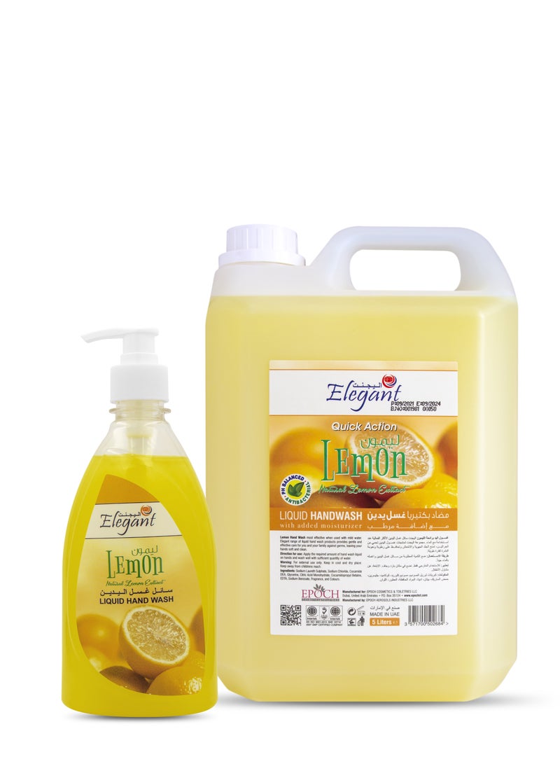 Elegant عبوة إعادة تعبئة مزدوجة لغسول اليدين بالليمون الأنيق 500 مل + 5 لتر