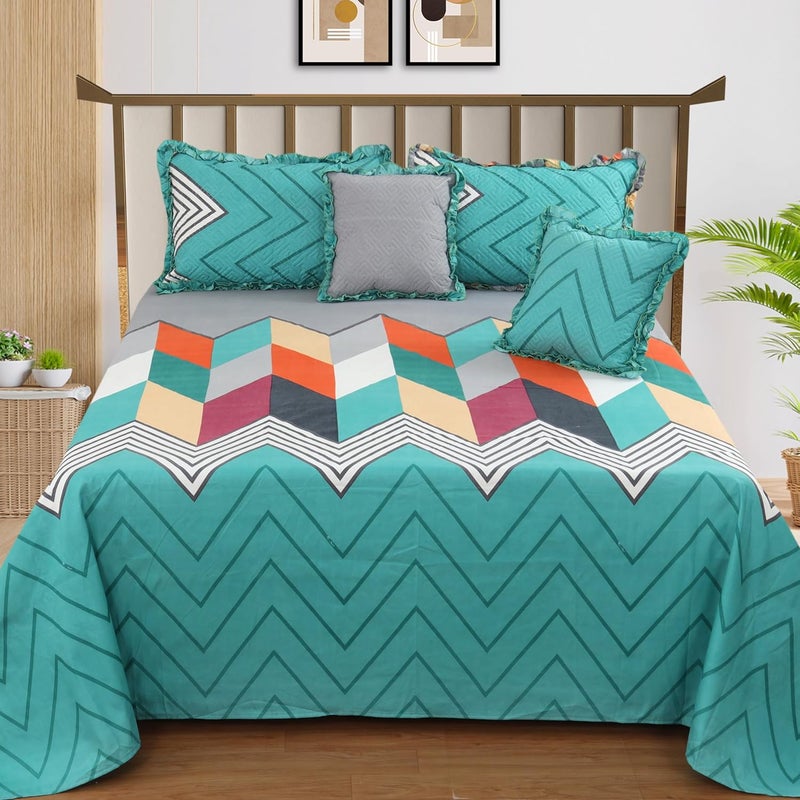 Sea Green ZikZak Printed Soft Bedding Set BreathableWrinklefree Bedsheets with 2 Regular Size Pillow Covers 2 Cushion Cover  - Image 1