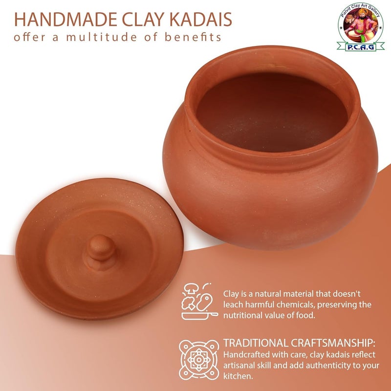PALVIT CLAY ART GALLERY (P.C.A.G) Biryani Handi/Pot for Cooking and Serving with Lid Stylish Clay Curd Pot/Mitti Handi/Curd Bowl with Lid Mathani Coocking Handi Terracotta Mitti Handi (Mathani Handi, 800ml) - Image 3