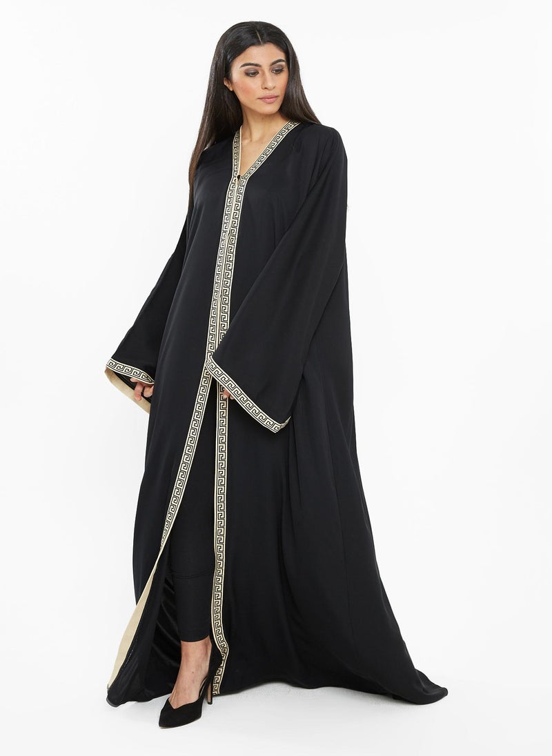 NUKHBAA - Black gold embroidery lace Abaya-AJ103A - Image 1